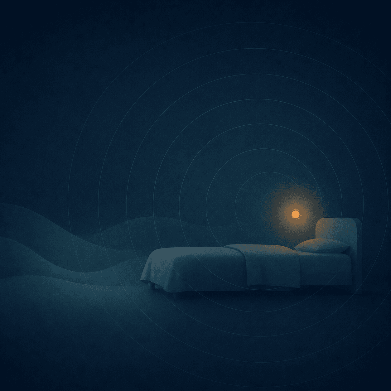 A warm point of presence shifting position near a bed as a single calm ripple expands — attentive bed-exit and fall awareness, never alarming.
