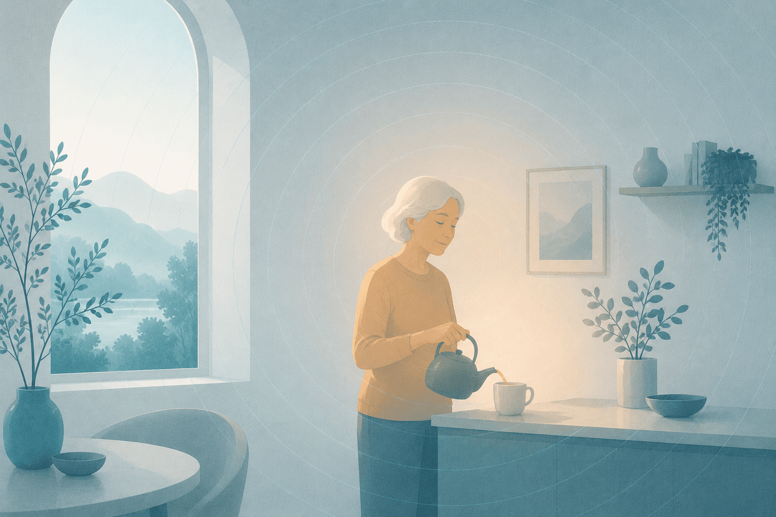 A dignified older person making tea by a window at home, with a faint reassuring ripple in the surrounding space — independent, never watched.