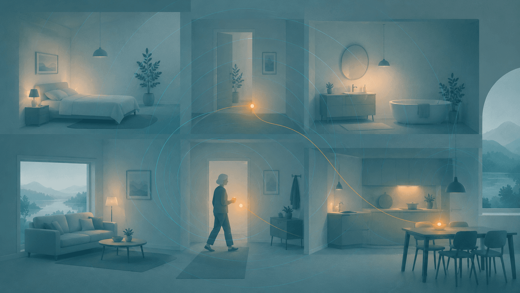 A cosy Nordic home in soft shapes where rooms gently warm and light as a small warm presence moves between them, cool teal ripples following the movement.