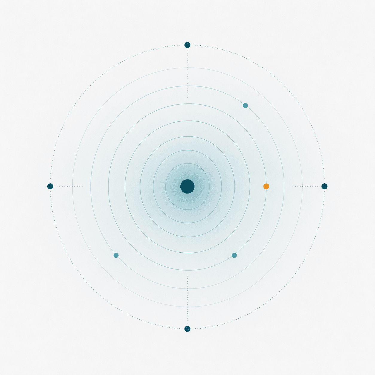 A clean concentric ripple with a few measured, orderly points along it, like quiet evidence — balanced, transparent, trustworthy.