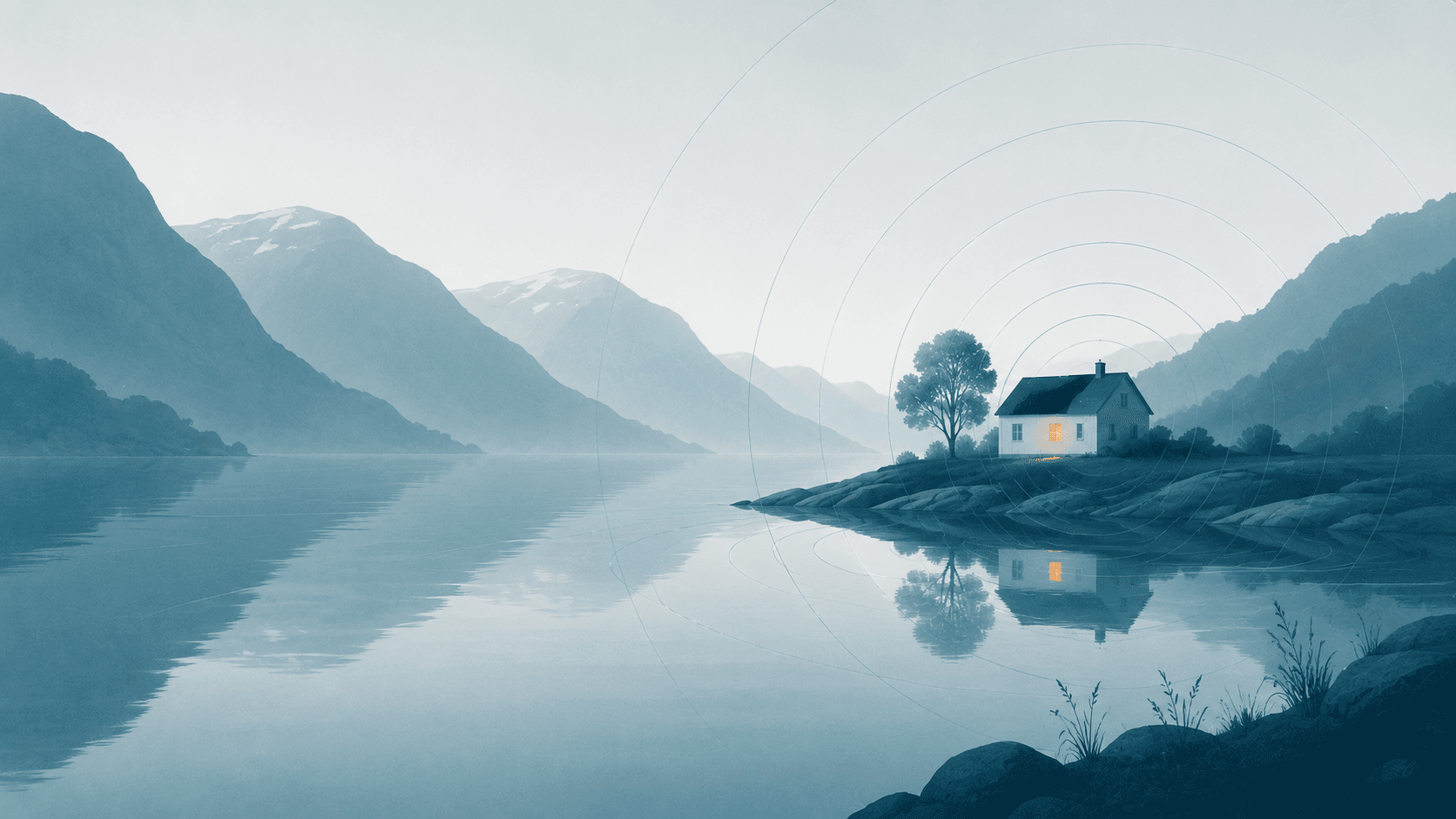 A serene Norwegian west-coast scene — soft fjord, calm water, a single quiet home — with gentle ripples echoing across the still water and one warm light in the window.
