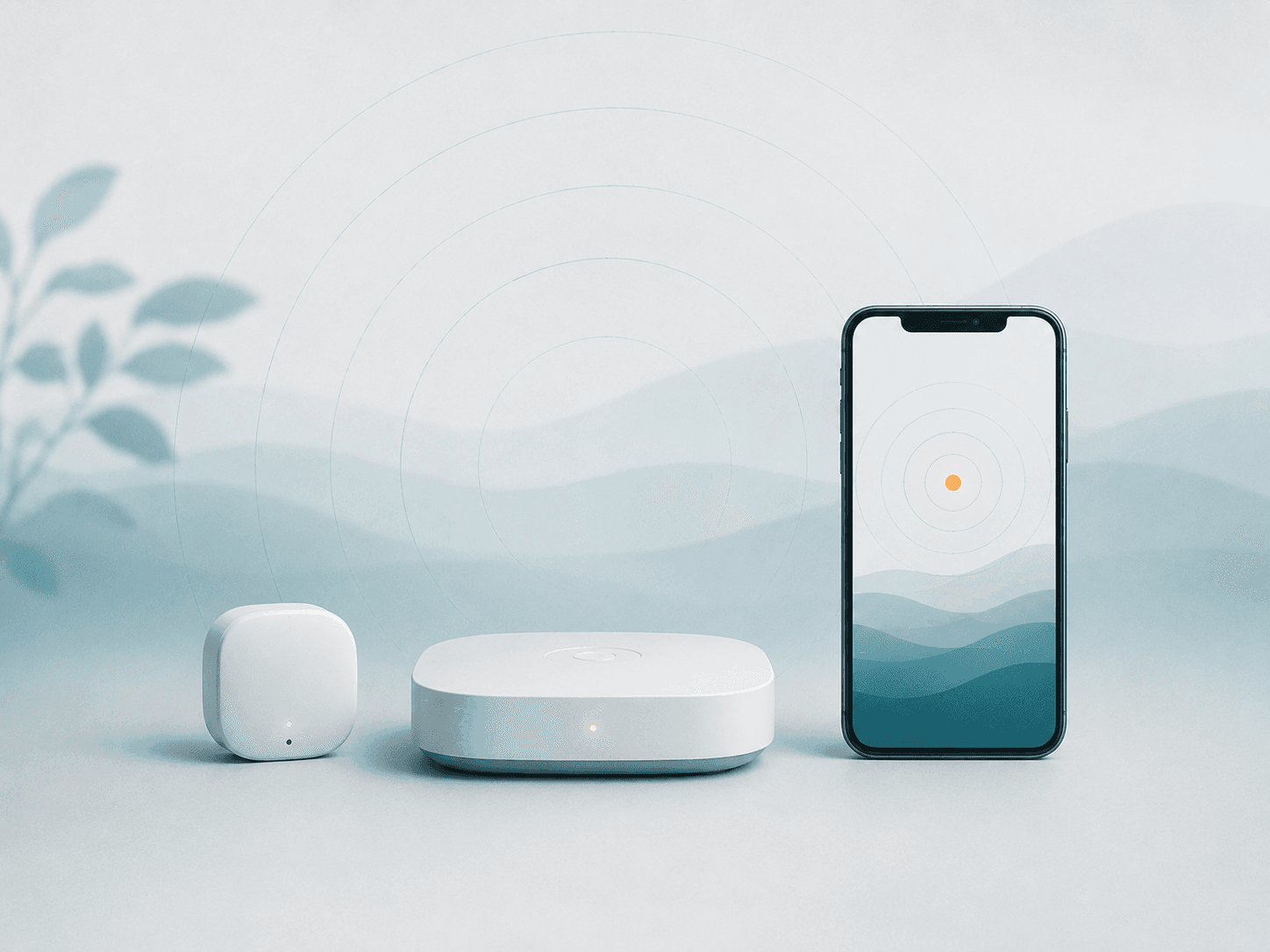 A tidy product still-life of three soft rounded objects — a small sensor, an edge device, and a phone showing a calm status glow — quiet, premium, Scandinavian.