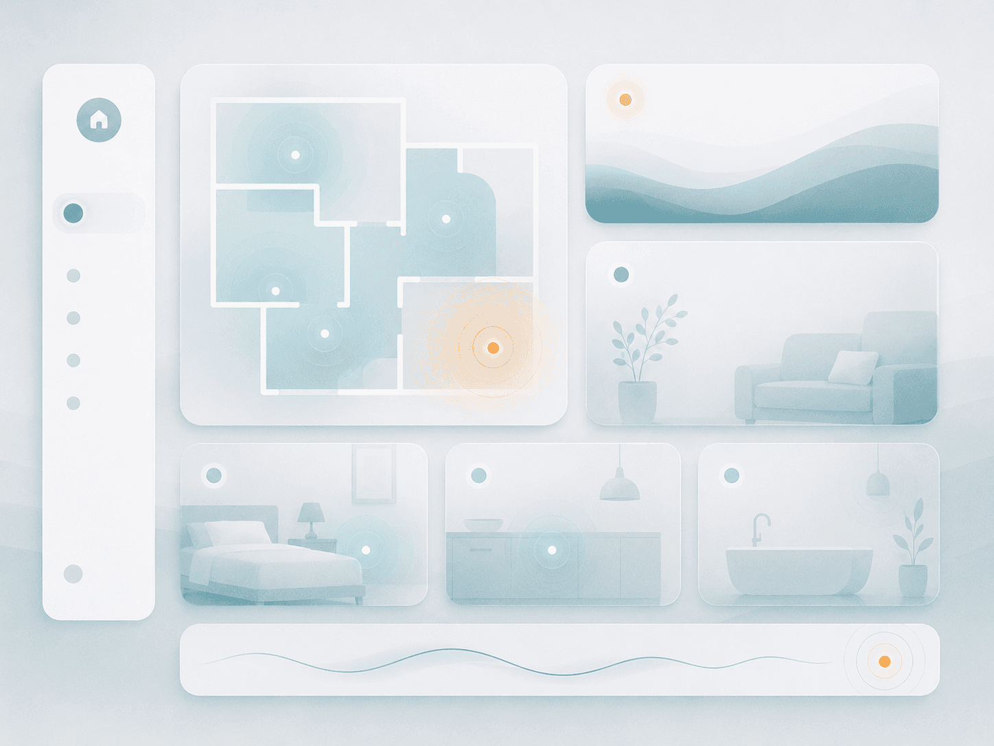 A calm, abstract interface: soft rounded cards showing gentle room-status glows and a single warm presence indicator with a faint ripple — a clear, quiet dashboard.