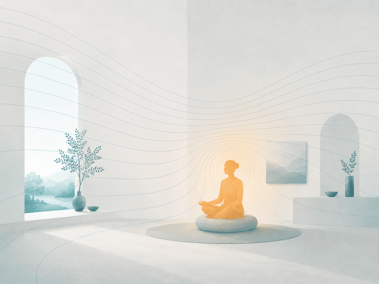 Gentle wave-lines travelling across a calm room and softly bending as they meet a warm point of presence — signals quietly sensing a person.