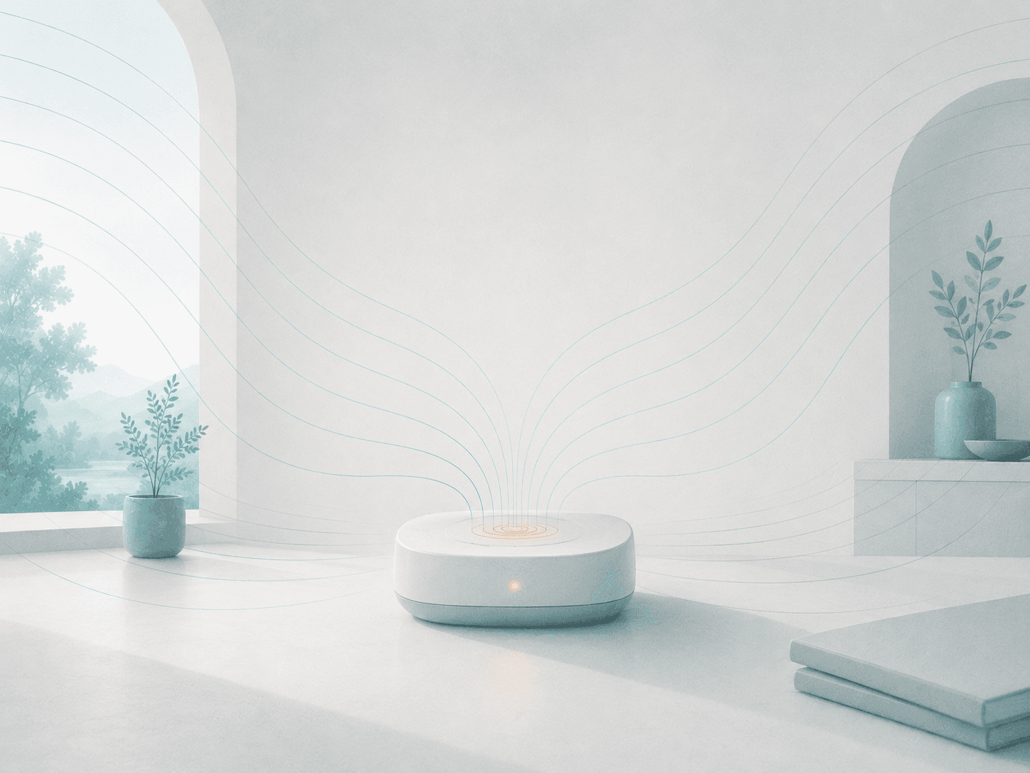 A small, friendly edge device in a home with ripples drawing inward — movement understood locally and privately, never a picture.